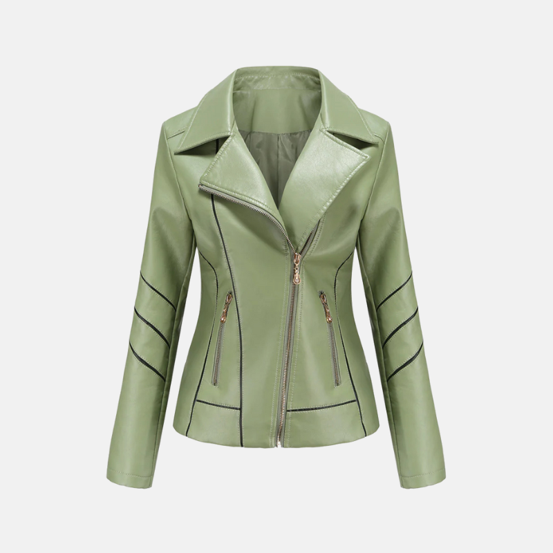 Women's black cropped slim-fit faux leather moto jacket with asymmetric zip and quilted sleeves