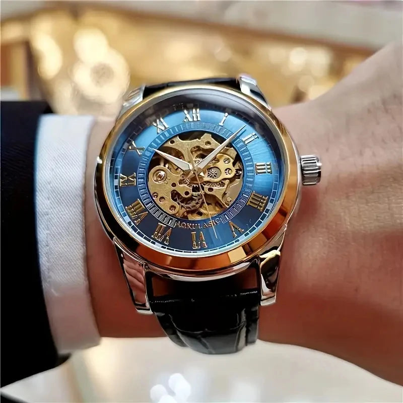 Marquis skeleton automatic watch exposed dial, self-winding movement, luminous hands for collectors