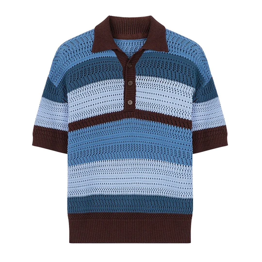 Women's striped open-knit polo shirt breathable cotton relaxed fit with classic stripe pattern