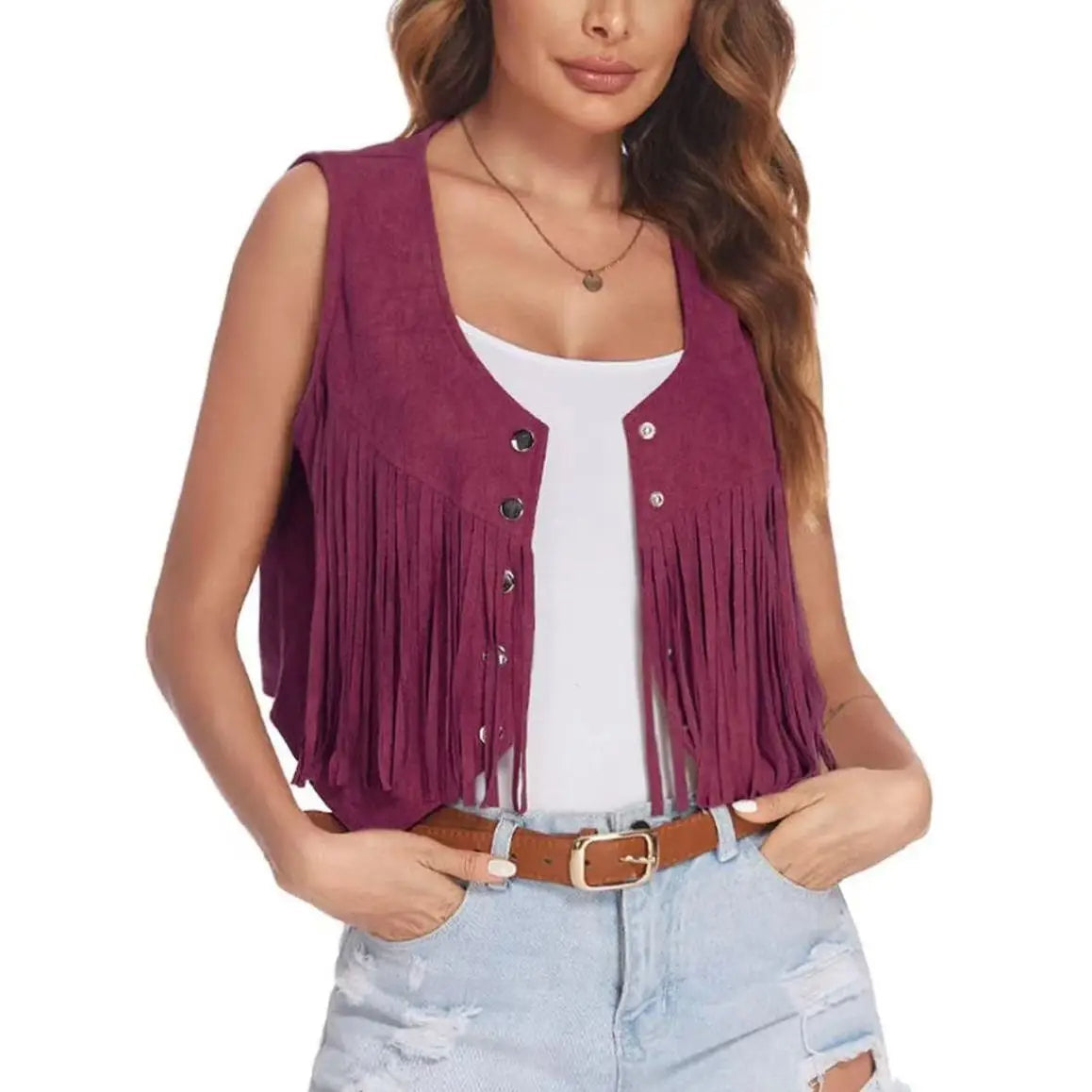 Women's tan faux suede cropped fringe vest with snap front closure and cascade western fringe detail