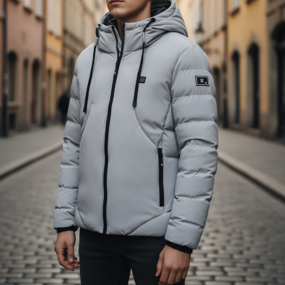 Men's gray heated down jacket with hood, water-resistant nylon, integrated heating system for outdoor winter