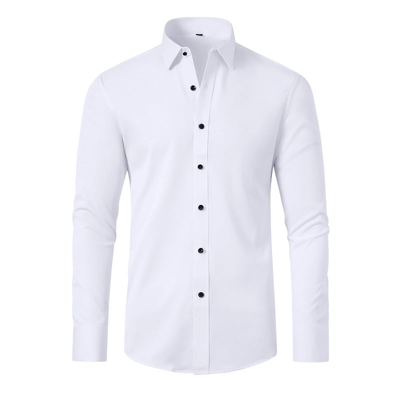 Men's white wrinkle-free stretch dress shirt with slim fit and easy-care professional finish