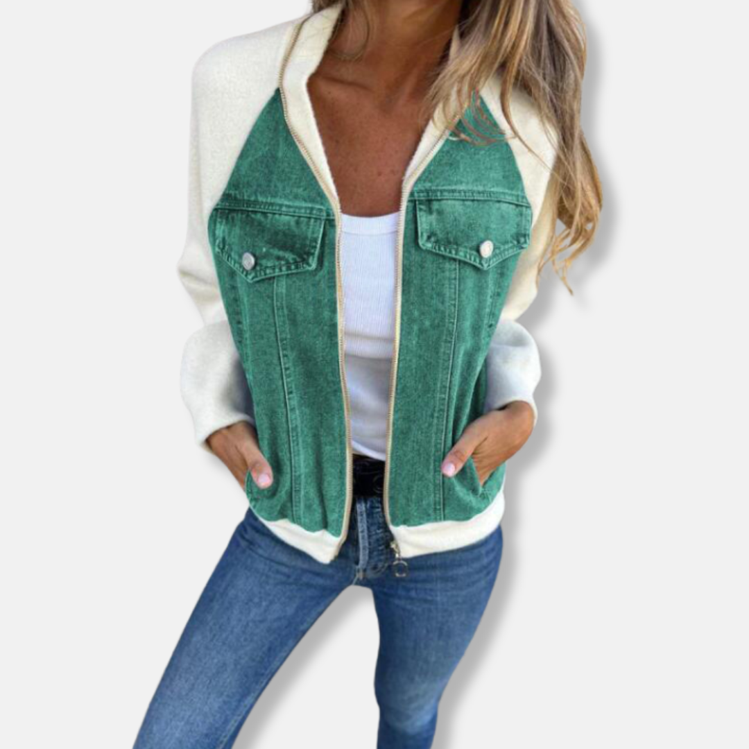 Women's relaxed-fit wool-look bomber jacket with denim details and zipper closure, urban chic style