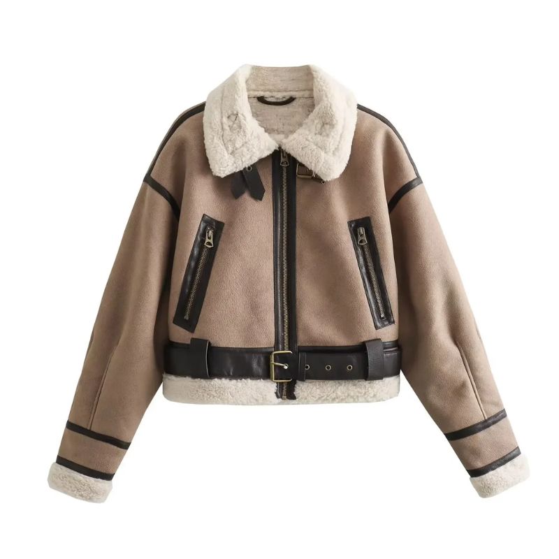 Brown suede leather blend jacket with fleece lining, adjustable buckle straps, rugged outdoor style