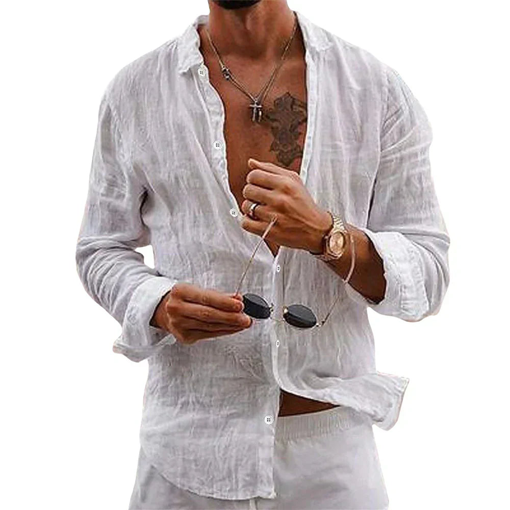 Alex men's white linen shirt classic relaxed cut with breathable fabric perfect for casual office wear