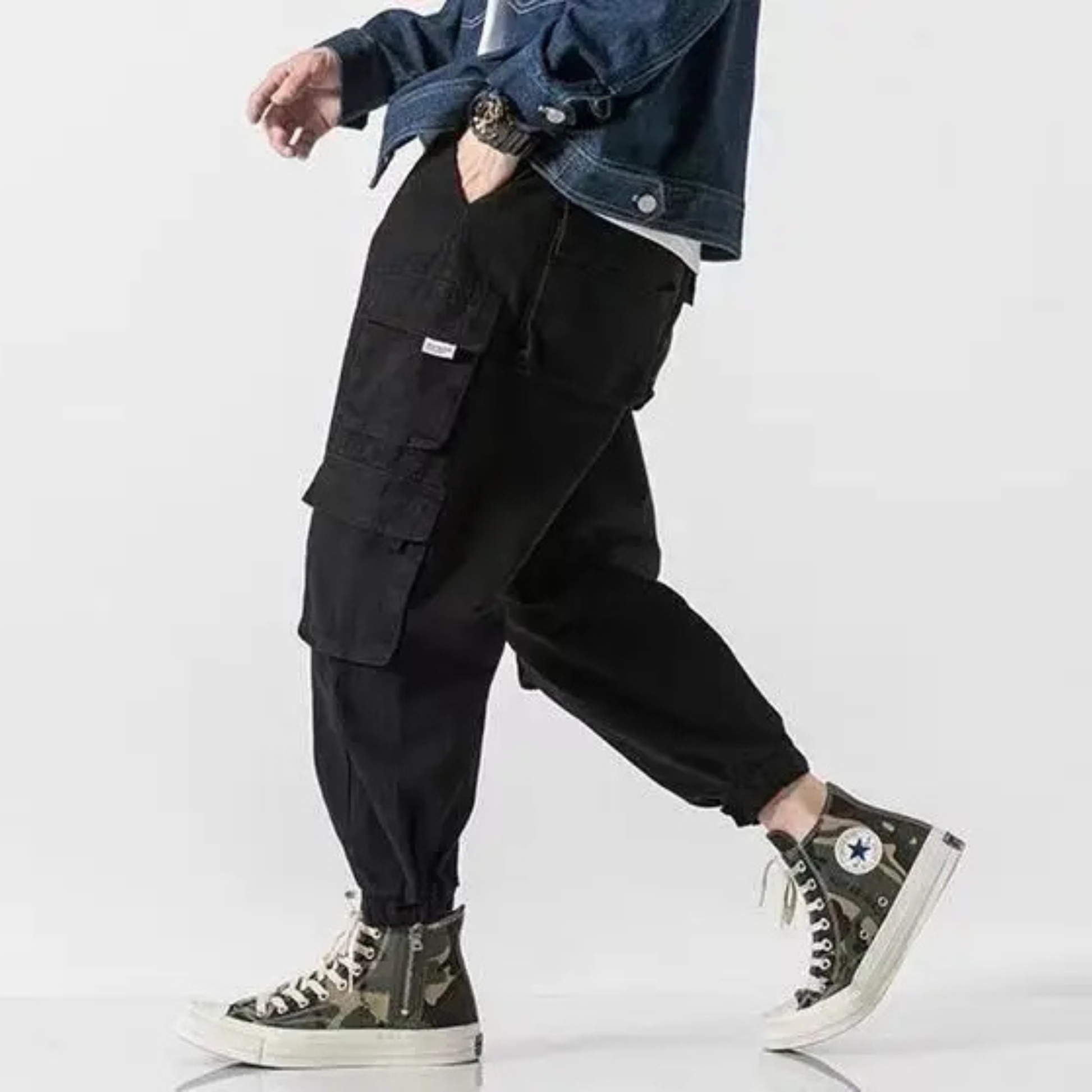 Men's tapered cargo pants heavyweight cotton drawcord waist oversized flap pockets rugged everyday fit