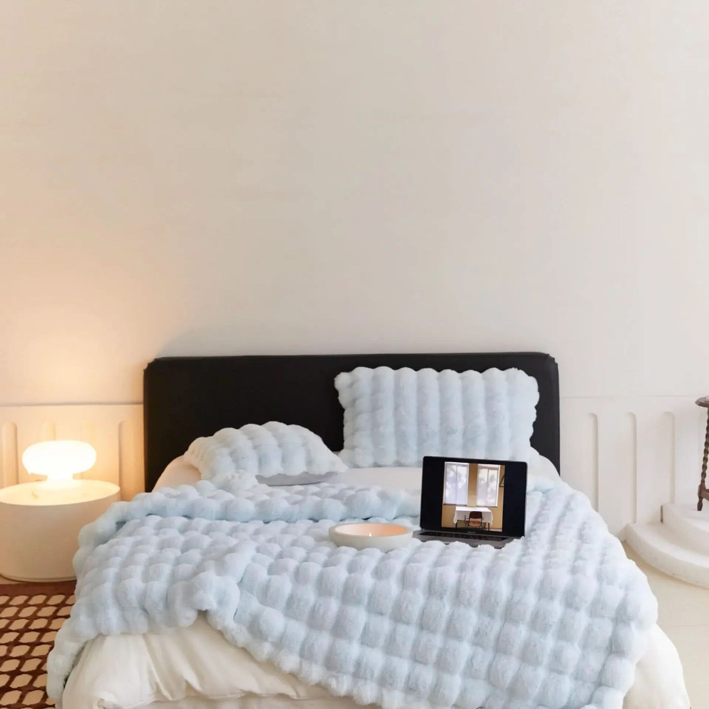 Neutral cream ultra-soft fleece throw blanket with minimalist quilted pattern for cozy sofas