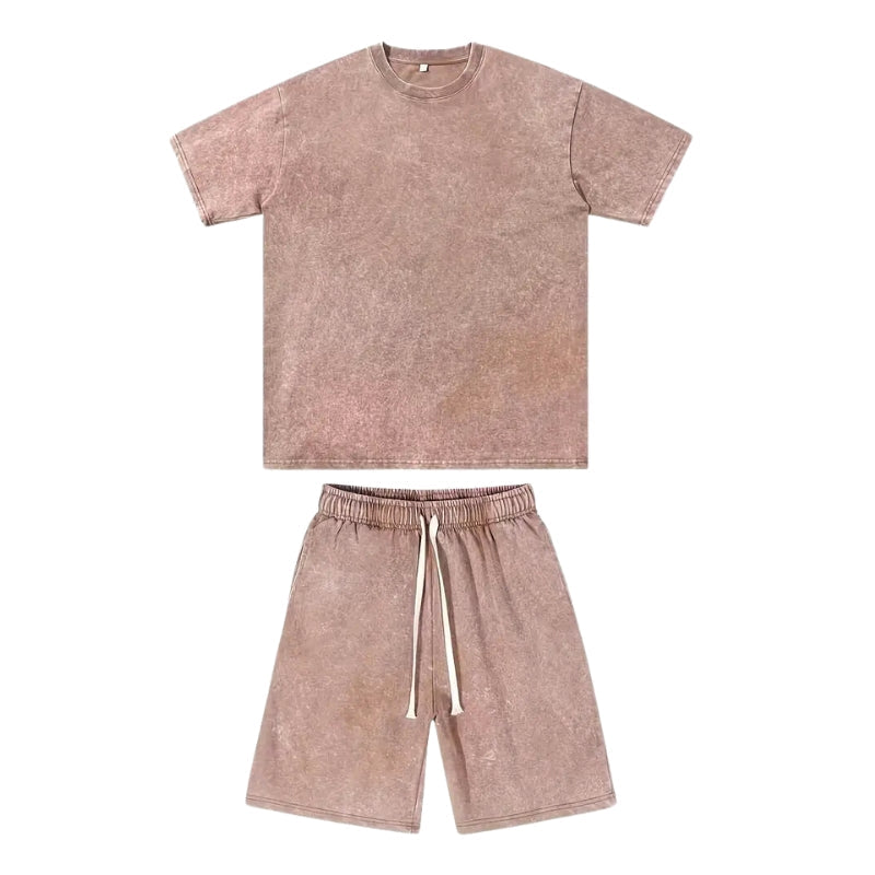 Washed cotton oversized two-piece set in vintage muted tones, lightweight summer loungewear with relaxed silhouette
