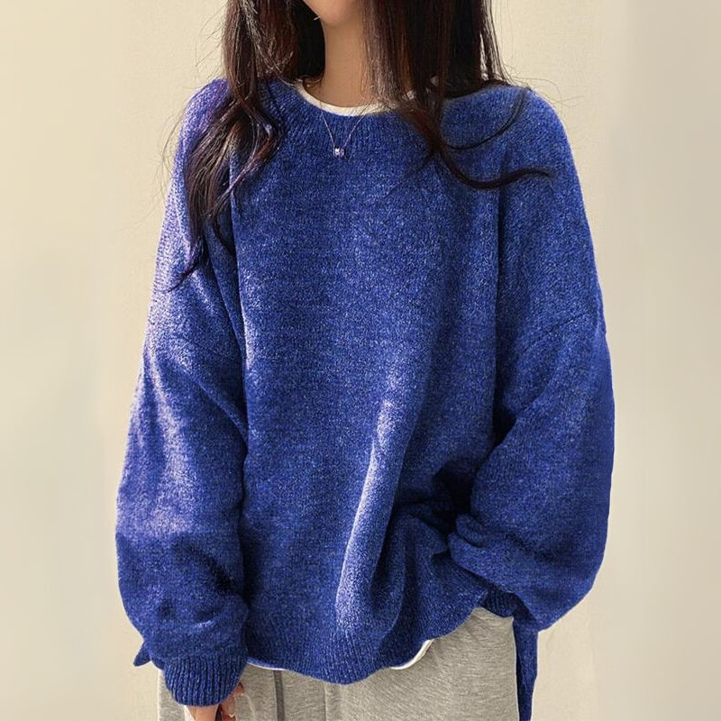 Women's oversized knit sweater neutral tone relaxed fit split hem side slit all-season versatile style