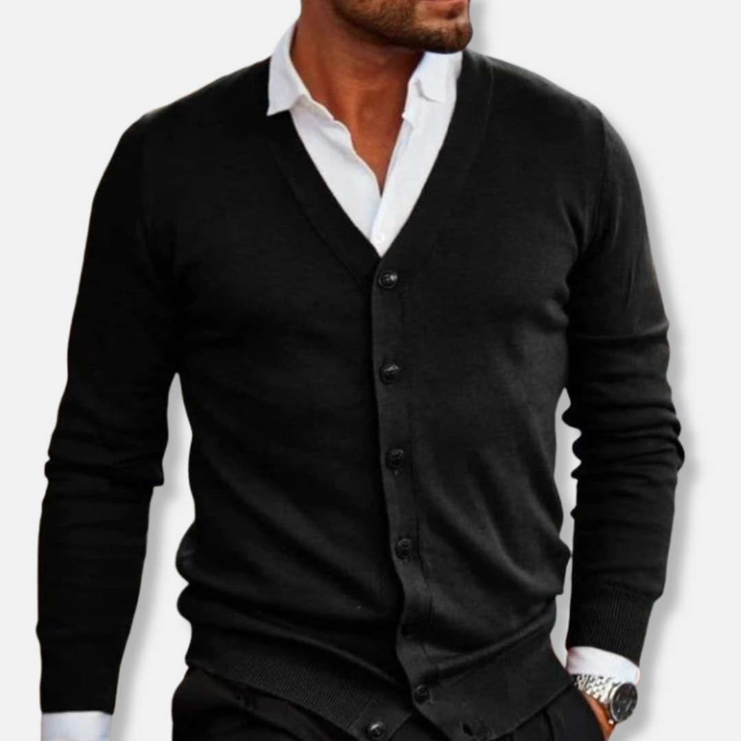 Men's wool v-neck cardigan in solid tone, regular fit with button front and ribbed texture
