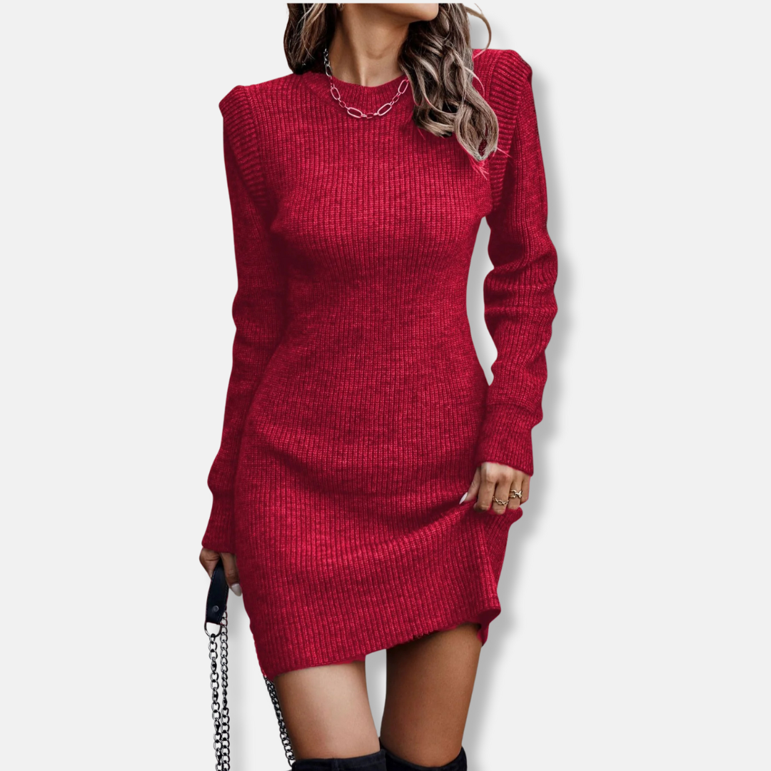 Women's ribbed knit mini dress slim fit long sleeves structured puff shoulders chic bodycon style