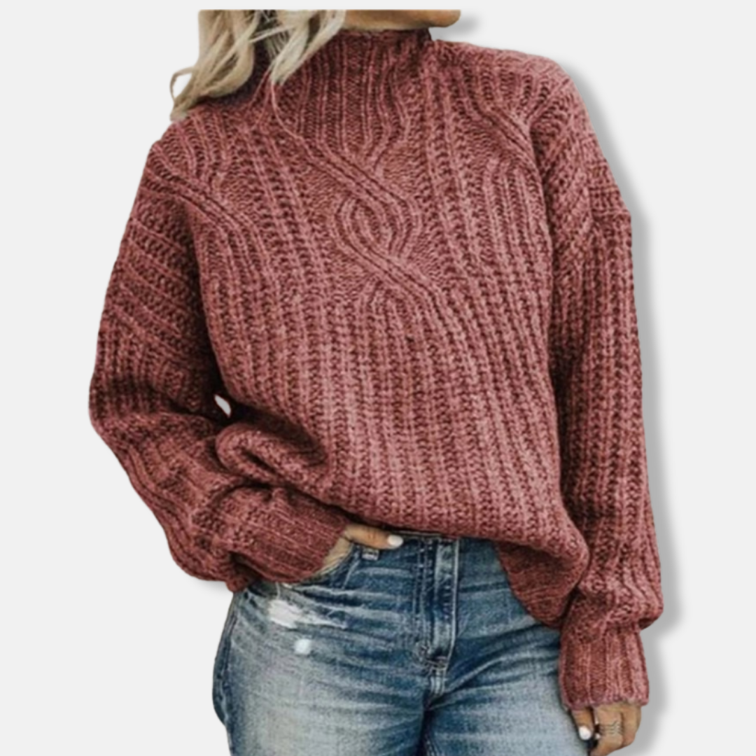Women's wool cable knit pullover high neck relaxed fit long sleeve sweater for everyday warmth