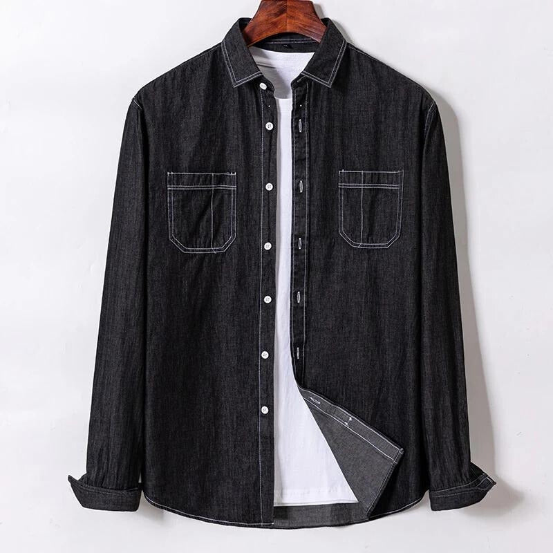Sylvi blue denim cotton shirt sharp point collar dual pockets classic everyday fit