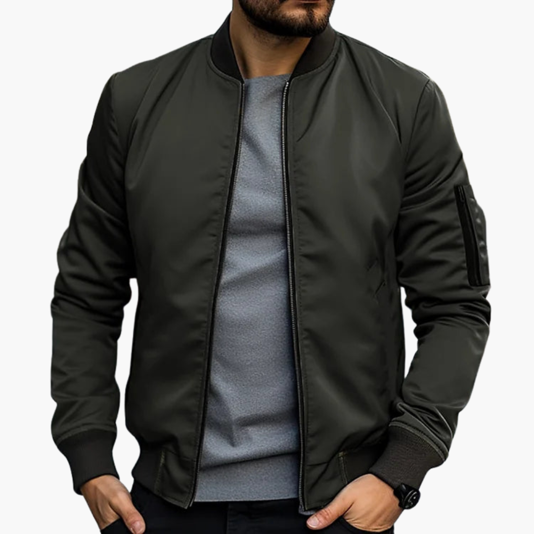 Men's slim fit ribbed bomber jacket with padded interior, modern tailored silhouette for everyday wear