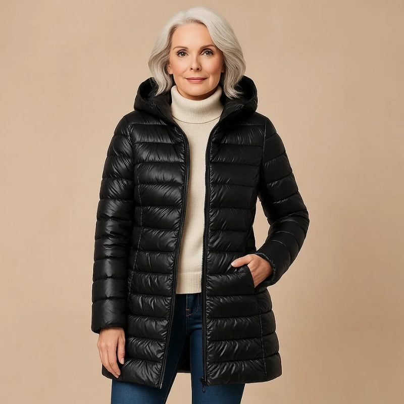 Women's slim-fit lightweight down jacket in neutral tone with insulated hooded design