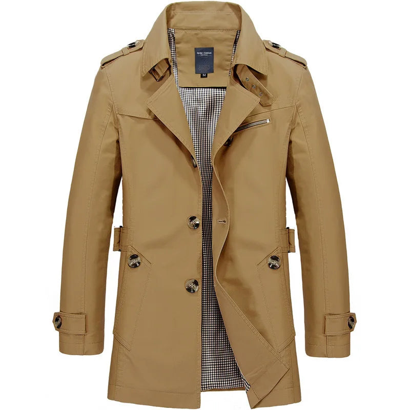 Men's knee-length belted trench coat classic cut with shoulder epaulets, timeless business casual style