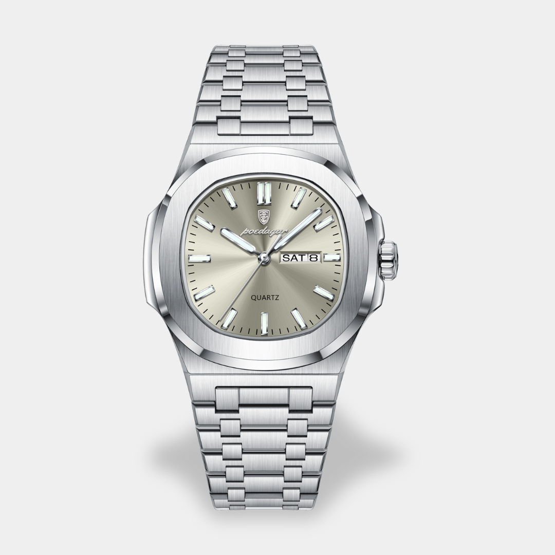 Men's quartz wristwatch analog dial day date window rounded case integrated strap classic everyday watch