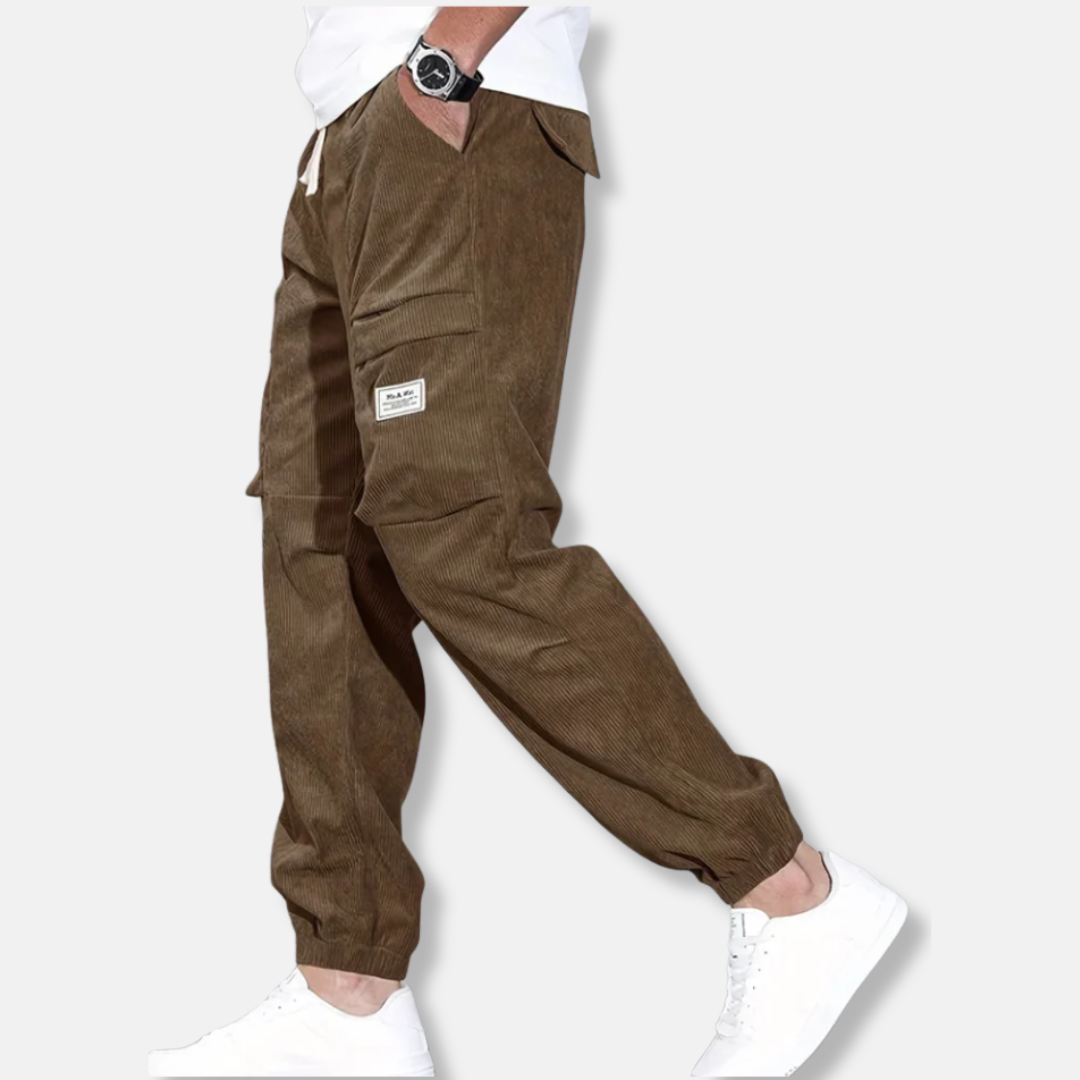 Men's beige corduroy pants loose fit tapered leg with elastic cuffs and adjustable waist