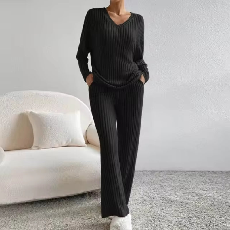 Women's ribbed knit two-piece set V-neck sweater and matching trousers soft breathable loungewear