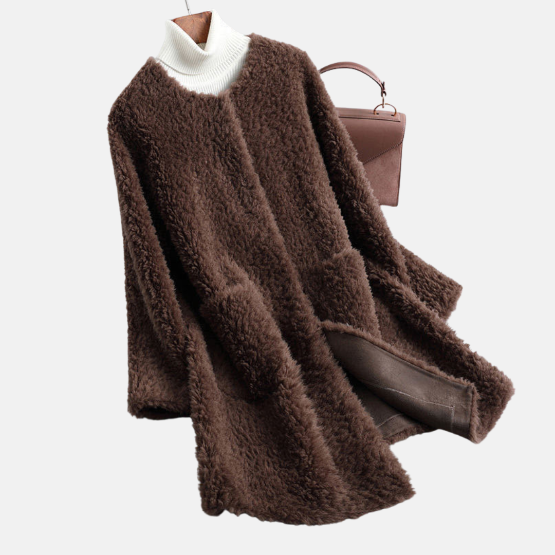 Women's faux fur open front coat mid-thigh length luxurious winter outerwear elegant warmth