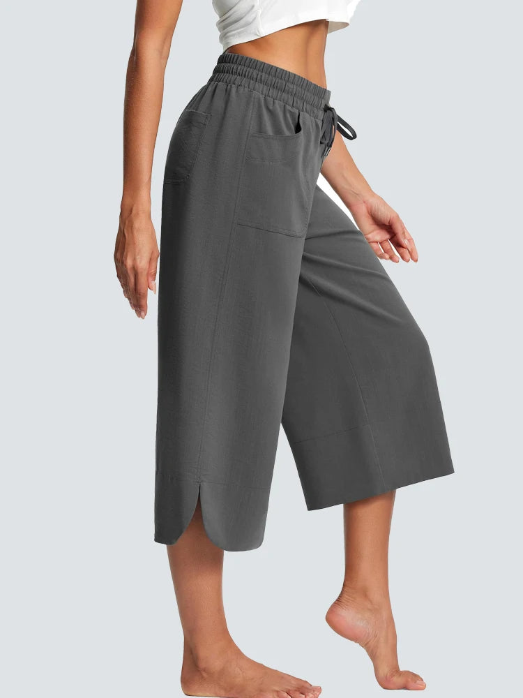 Women's wide leg capri pants lightweight cotton blend breathable stretch waistband casual summer
