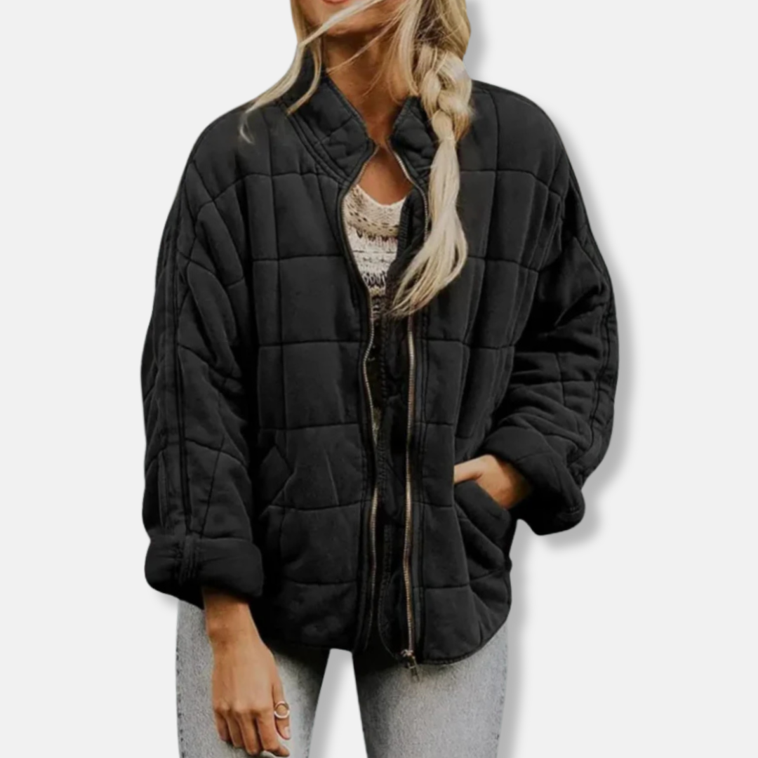 Women's oversized quilted coat relaxed fit stand collar full zip hip length warm winter jacket