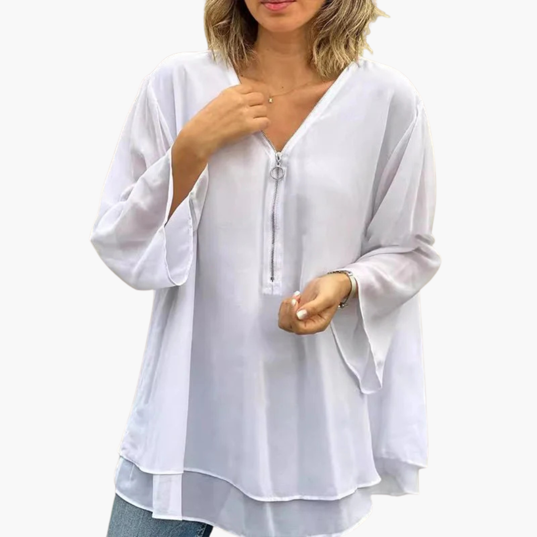 Women's half-zip long sleeve V-neck casual top in neutral tone with relaxed fit and zipper detail