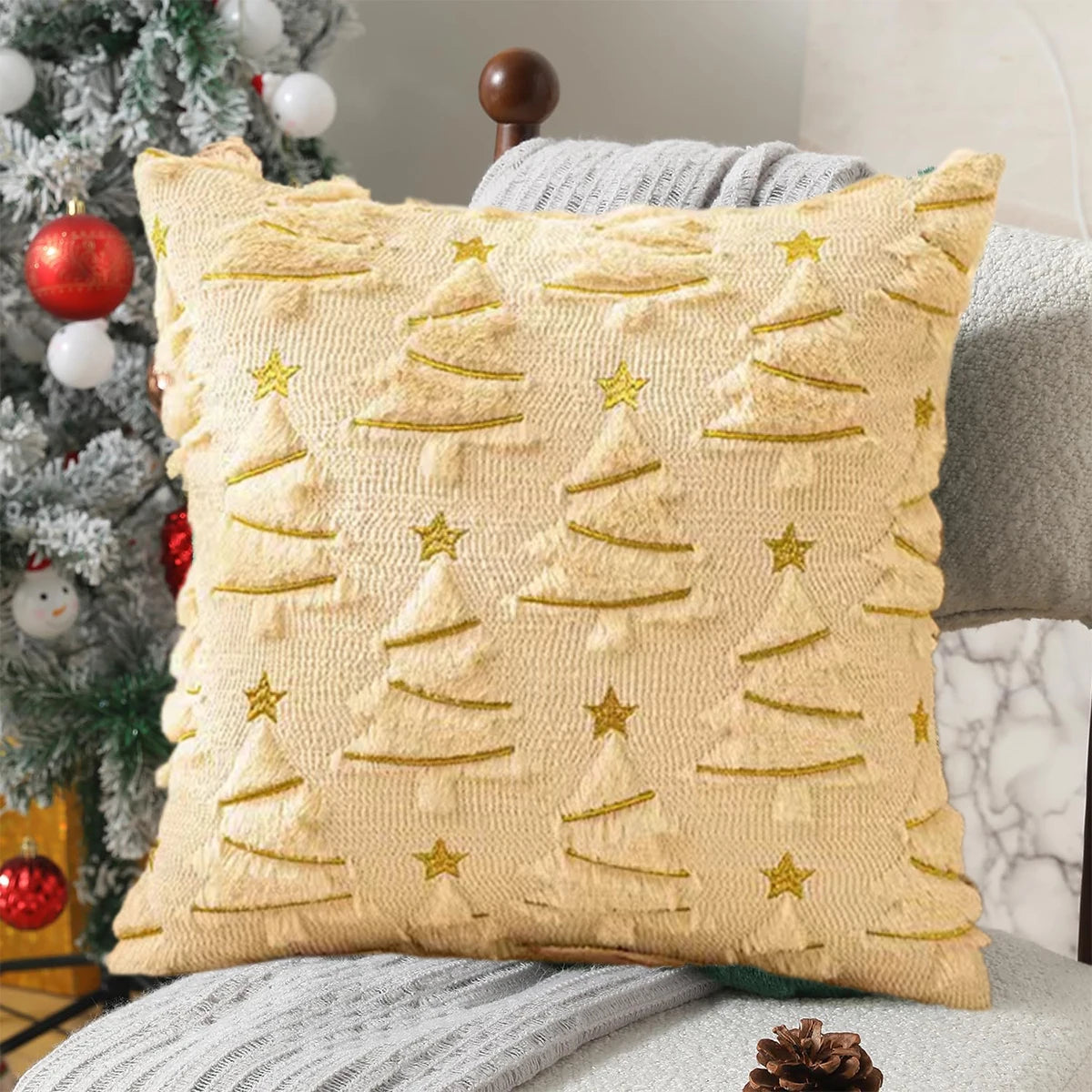 Starry Pinescape woven pillow cover tufted trees gold embroidery star holiday decor hidden zipper