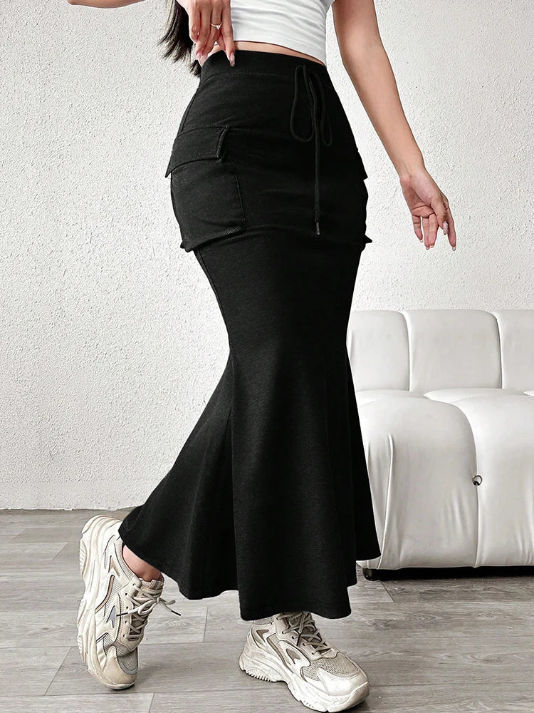Women's ribbed cargo maxi skirt high-rise drawstring waist with cargo pockets mermaid hem knit