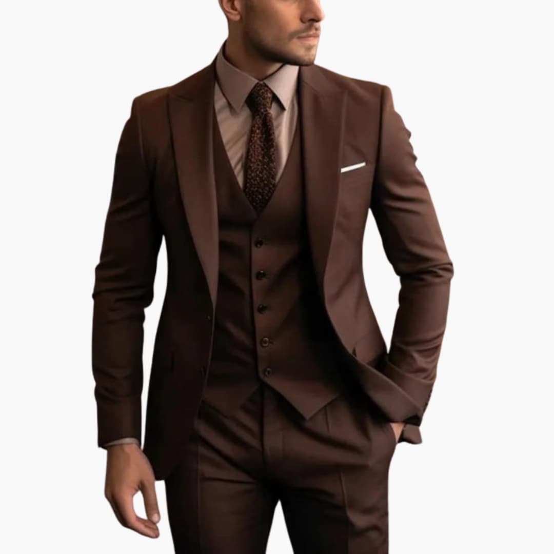 Men's charcoal three-piece formal suit set with two-button jacket, vest, and tailored pants