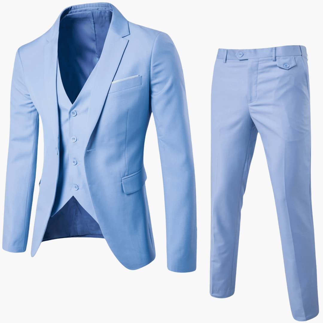 Men's gray three-piece slim-fit suit set with matching jacket, vest, and pants for formal occasions