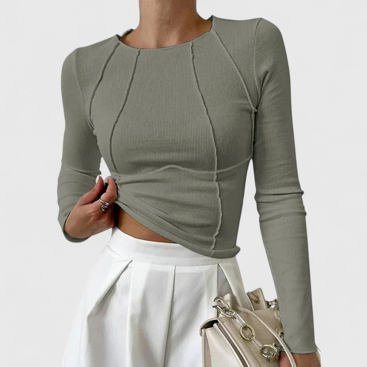 Madison women's long sleeve slim fit top in neutral tone, polished workwear style with streamlined silhouette