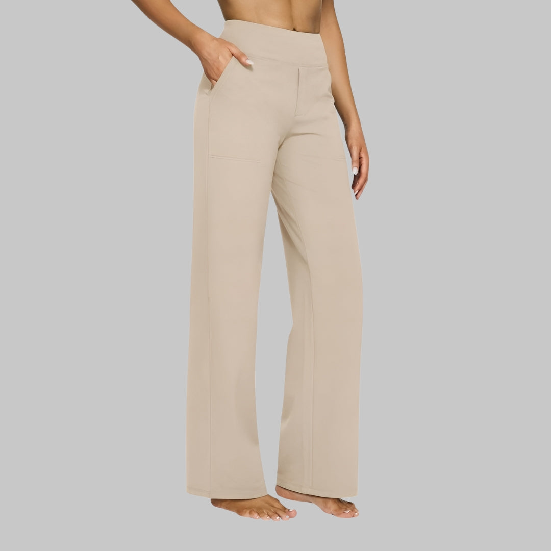 Black high-waist straight-leg performance pants for women with smooth sculpting waistband