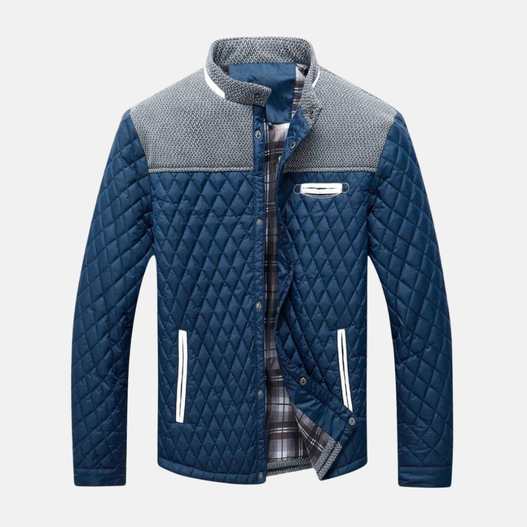 Men's diamond quilted jacket standing band collar contrast trim tailored silhouette fall layer