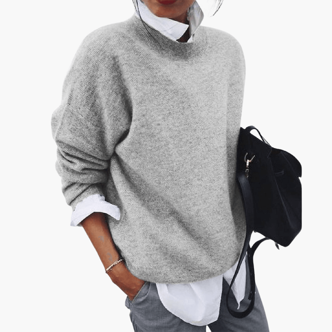 Women's beige oversized high collar knit sweater, ultra-soft cozy fit with elegant draped silhouette