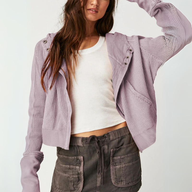 Women's cropped textured knit hoodie with hybrid button-zip closure for lightweight casual warmth