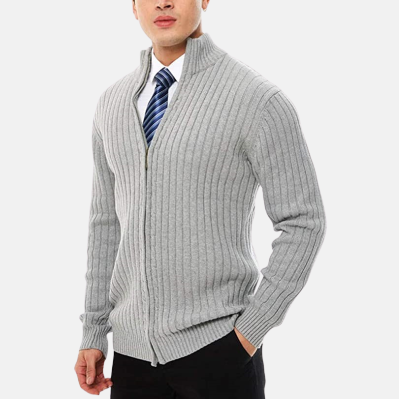 Men's knit blend full-zip cardigan with stand collar, smart casual layering piece in neutral tone