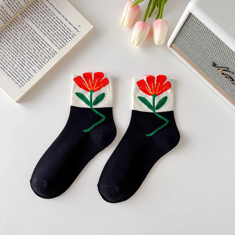 Women's mid-calf floral socks set 5 pairs premium cotton blend oversized painterly blooms multicolor