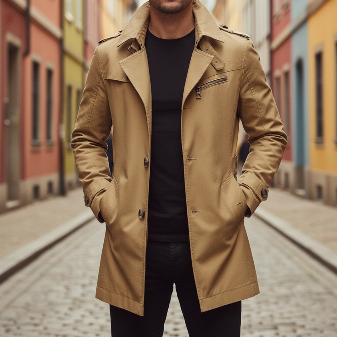 Men's waterproof black trench coat with button closure, slim city-ready silhouette for commute