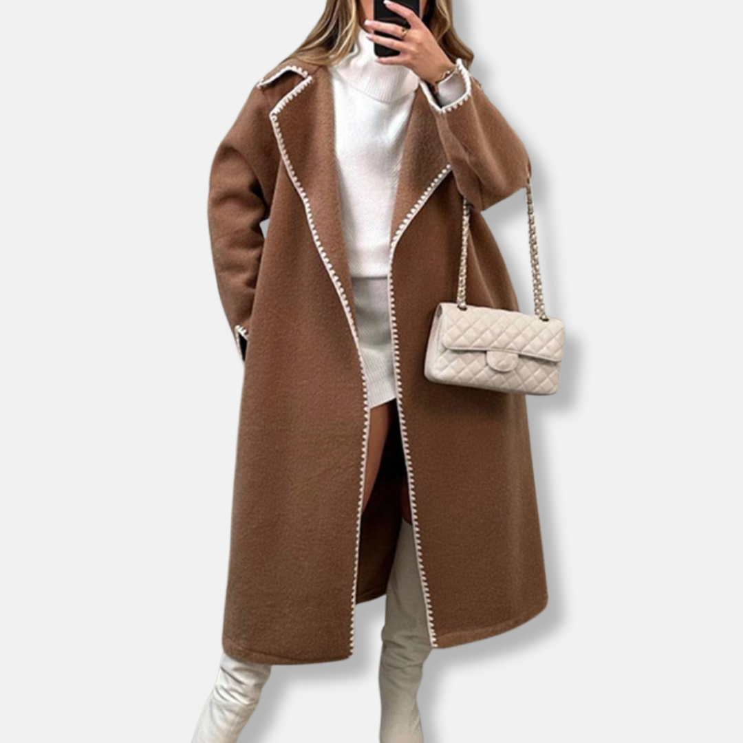 Women's wool maxi coat notched lapel loose fit in neutral tone, elegant winter outerwear