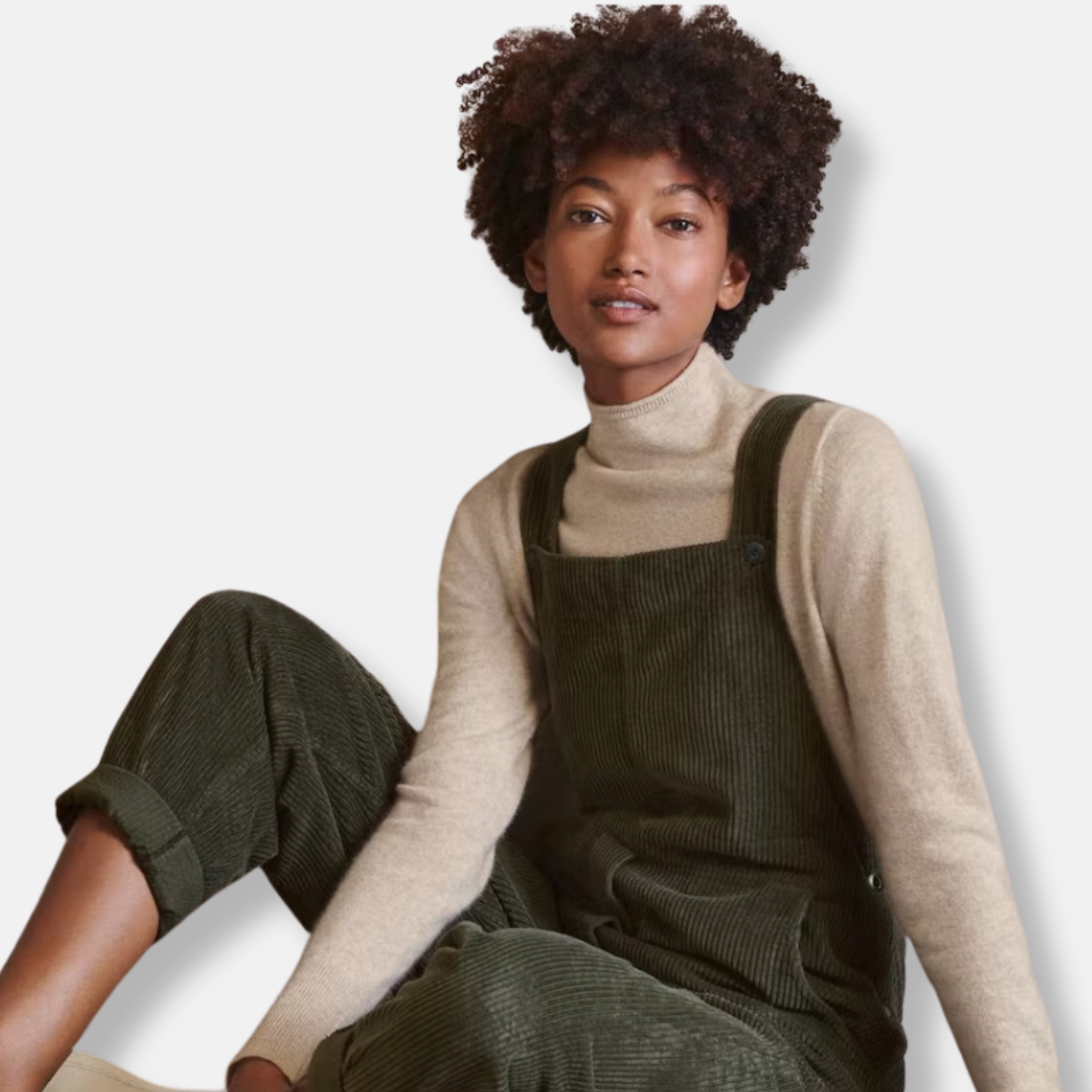 Women's relaxed fit corduroy overalls with adjustable straps, patch pockets, and cuffed hem