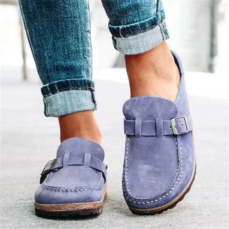 Beige suede orthopedic slip-on shoes with adjustable buckle strap for all-day walking comfort