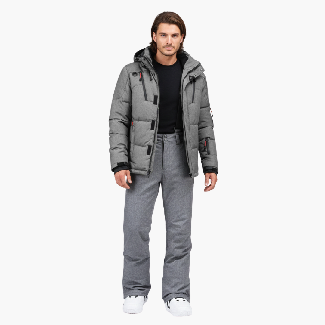 Men's matching navy ski jacket and pants set with hooded front zip, pockets, elastic waist winter
