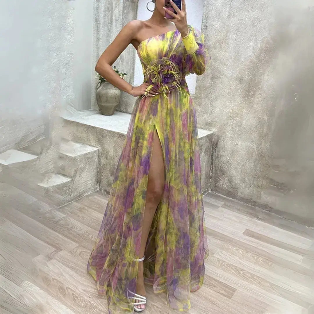 Isadora one-shoulder maxi dress watercolour tulle overlay dramatic thigh-high slit couture gown