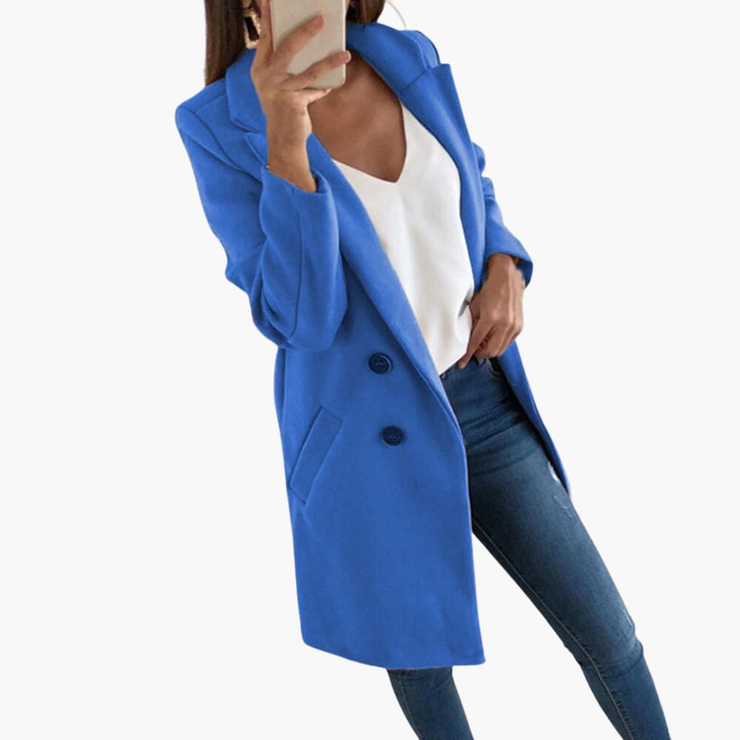 Women's long sleeve button-front coat with fold-over collar, cozy lined interior and side pockets