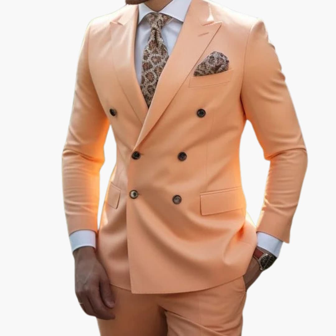 Men's navy double-breasted slim fit suit with peak lapels and six-button front for formal events