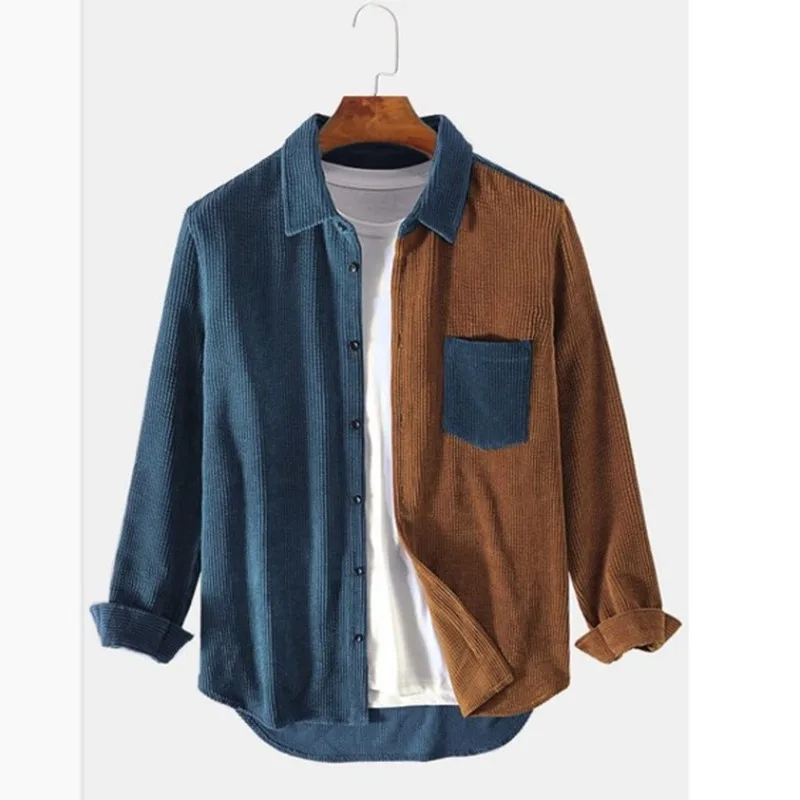 Men's two-tone color block corduroy button-up shirt relaxed fit with contrast splice detailing