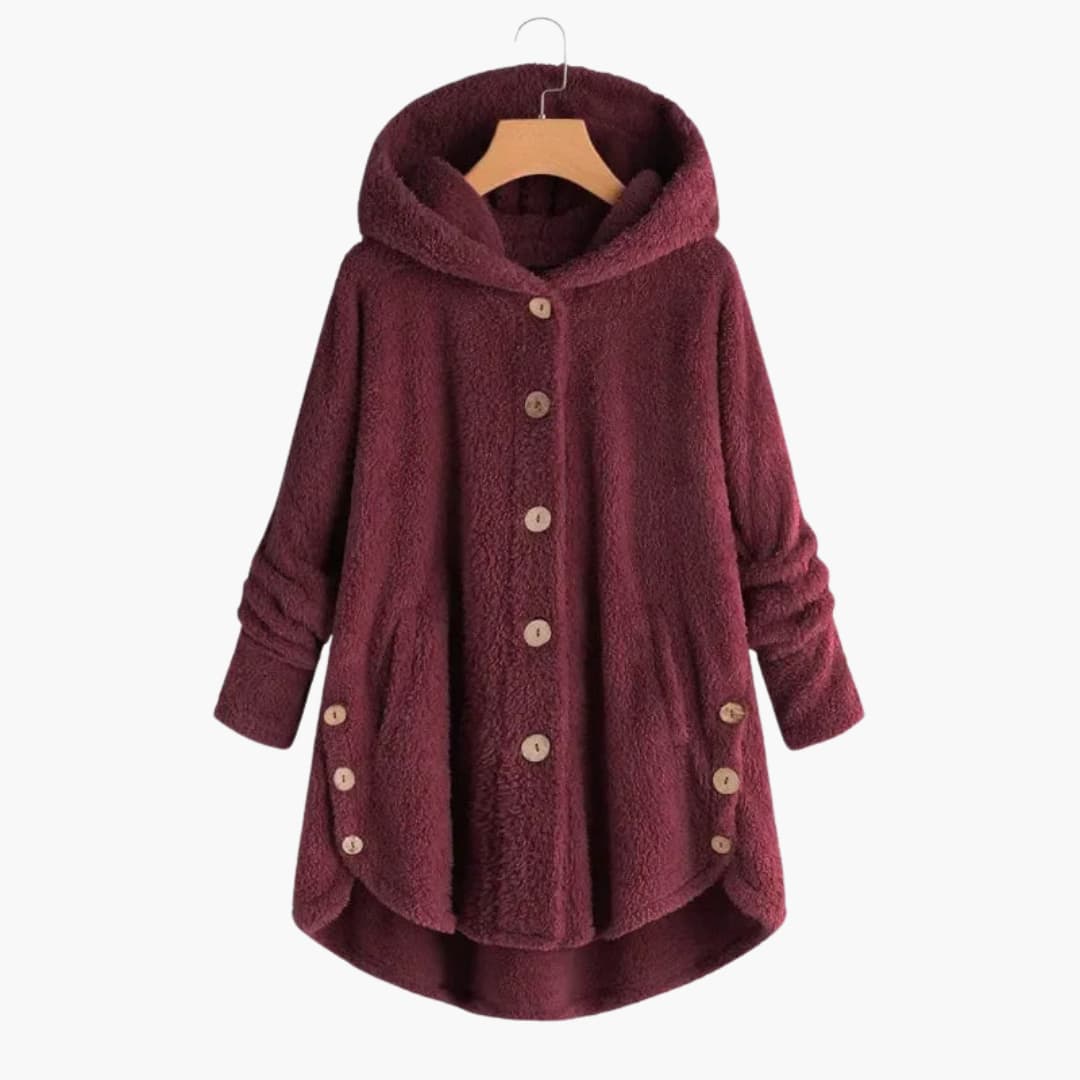 Women's hooded jacket button closure rounded hem versatile everyday layering piece comfort style