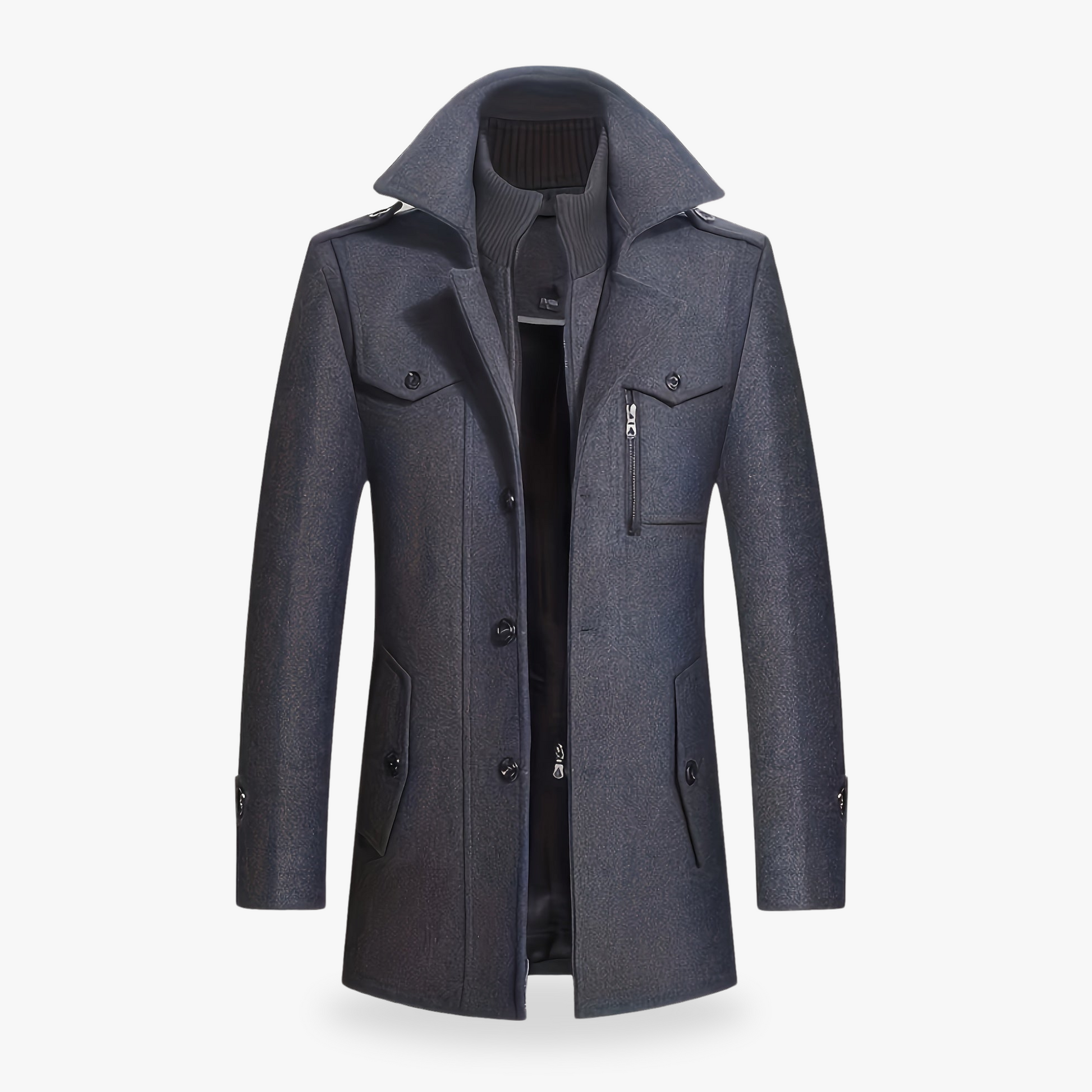 Men's charcoal wool blend slim fit double-breasted coat with hidden zipper, winter outerwear