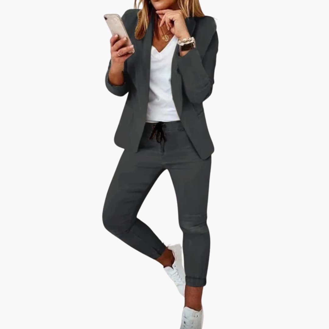 Women's gray lounge set blazer and jogger pants with drawstring waist relaxed sophisticated fit